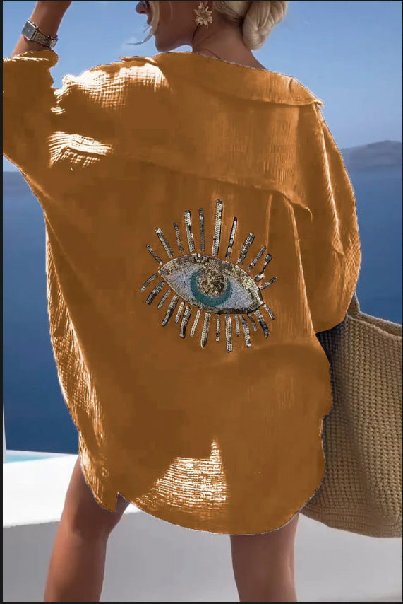 Women's Outdoor Beach Shirt Casual Sequin Beaded Shirt