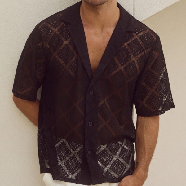 Fashion Mens Clothing Men's Hollow-out Breathable Short-sleeved Lapel Casual Shirt - Image 5