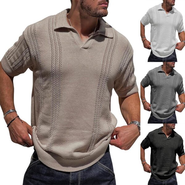 European And American Fashion Men's Knitted Polo Shirt Short Sleeve V-neck Hollow - Image 8