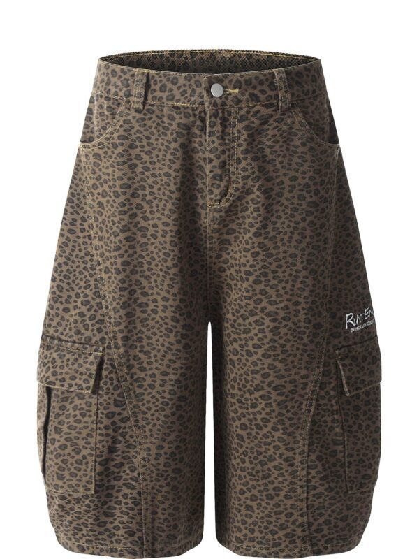 StellarWear Men's Leopard Print Cargo Denim Shorts