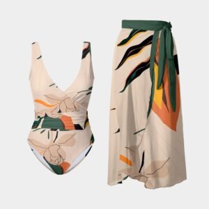 Printed Surplice Wide Strap Swimwear and Skirt Swim Set
