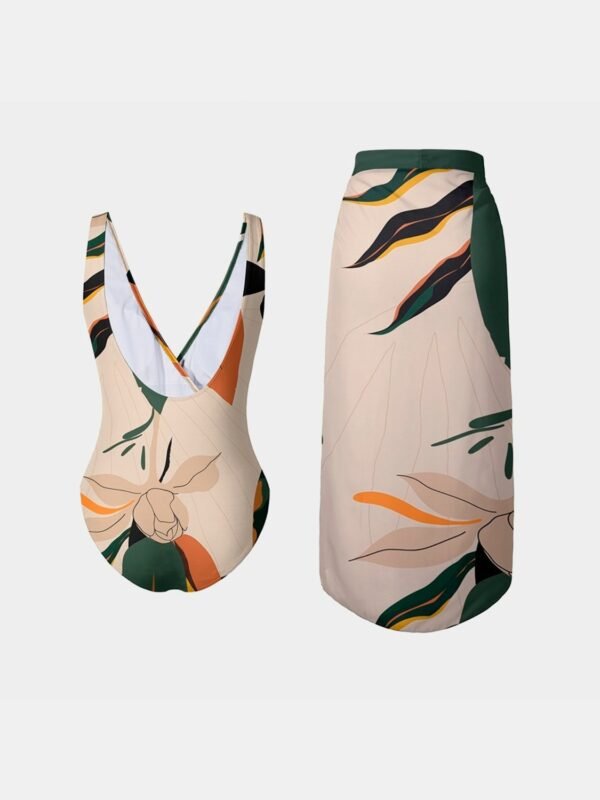 Printed Surplice Wide Strap Swimwear and Skirt Swim Set - Image 2