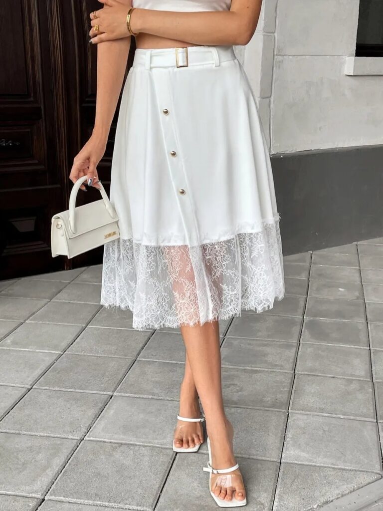 Perfee Lace Hem Detail Midi Skirt