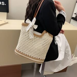 Yeppi Woven Straw Tote Bag with Bow Detail