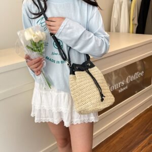 Yeppi Straw Woven Crossbody Bag with Black Drawstring