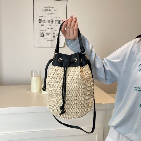 Yeppi Straw Woven Crossbody Bag with Black Drawstring - Image 3