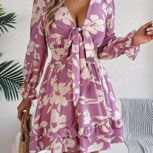 Bold & Beyond Tied Ruffled Printed Long Sleeve Dress