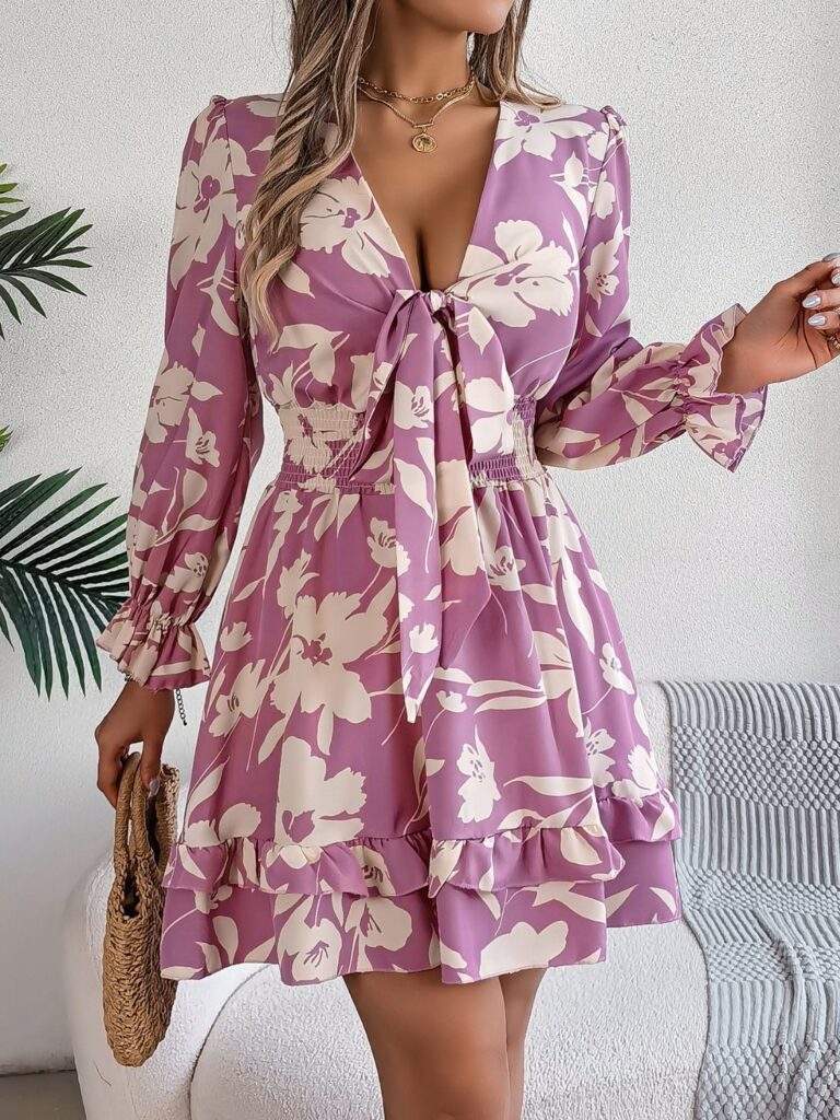 Bold & Beyond Tied Ruffled Printed Long Sleeve Dress