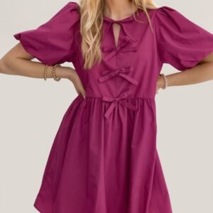 Oh Oh Bow Ruched Puff Sleeve Mini Dress