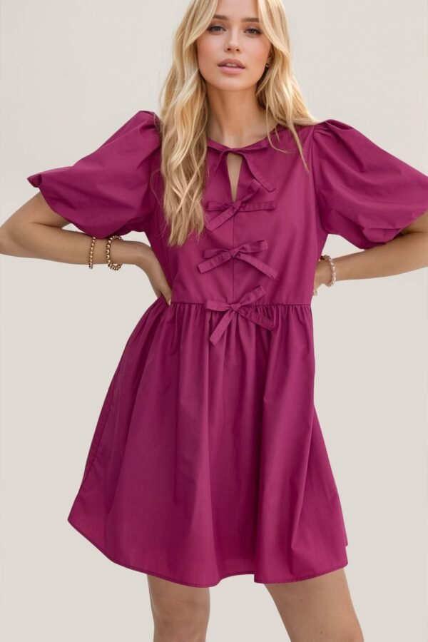 Oh Oh Bow Ruched Puff Sleeve Mini Dress