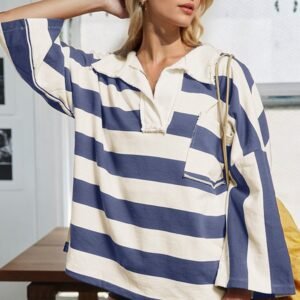 Oh Oh Striped Johnny Collar Long Sleeve T-Shirt