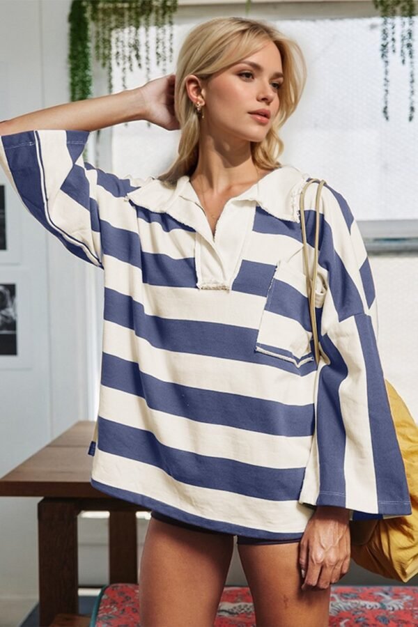 Oh Oh Striped Johnny Collar Long Sleeve T-Shirt