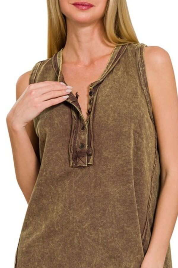Zenana Zenana Washed Half-Button Raw Edge Sleeveless Henley Top - Image 2