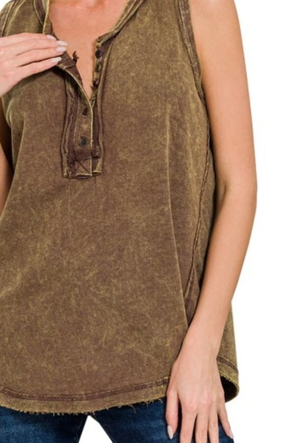Zenana Zenana Washed Half-Button Raw Edge Sleeveless Henley Top