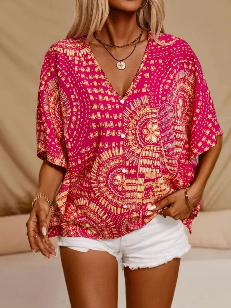 MeadowGlow Printed V-Neck Half Sleeve Top