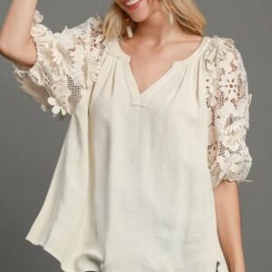 Umgee Full Size French Terry Boxy Cut Top with 3D Floral Sleeve Plus Size