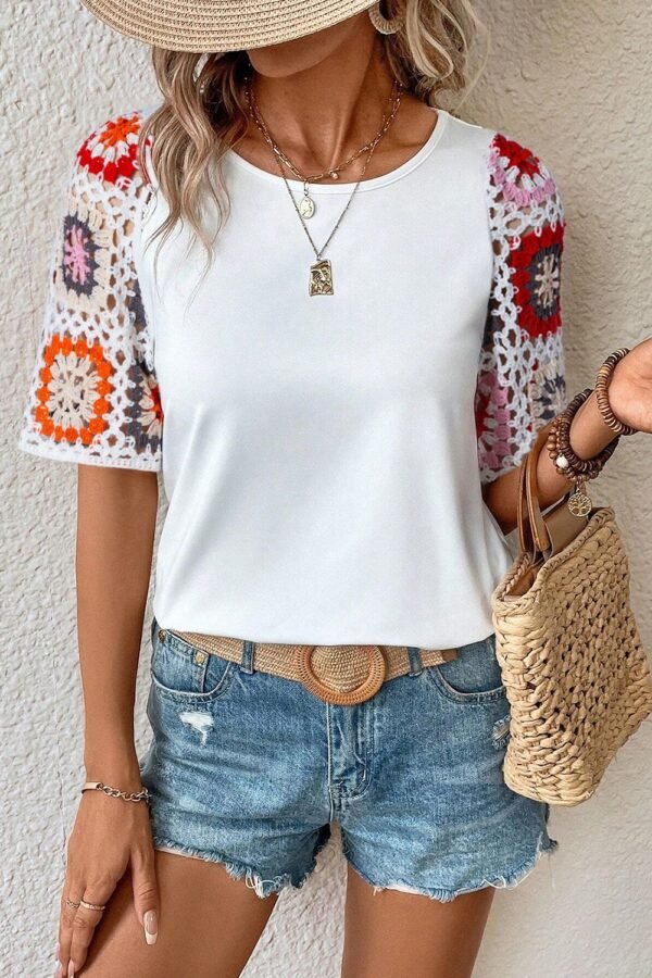 SYNZ Geometric Round Neck Short Sleeve Blouse - Image 2