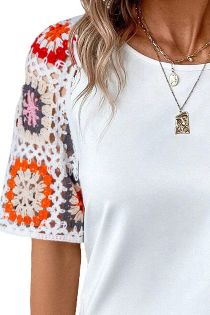 SYNZ Geometric Round Neck Short Sleeve Blouse