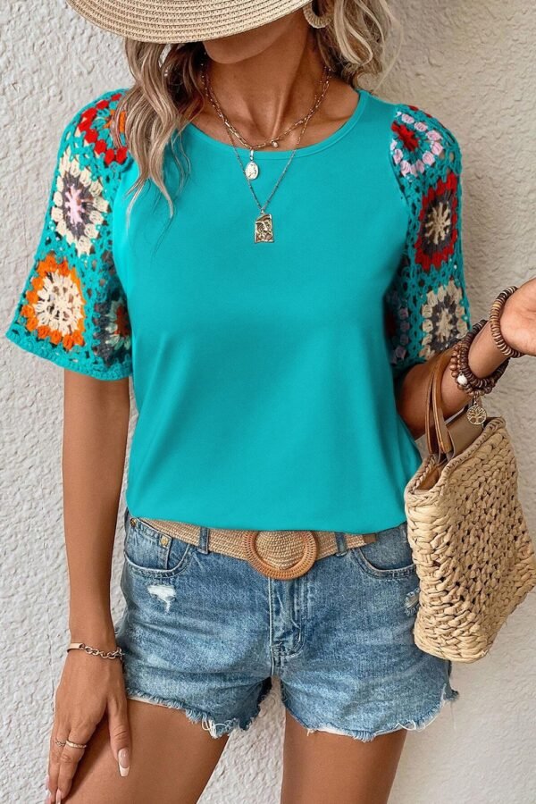 SYNZ Geometric Round Neck Short Sleeve Blouse - Image 9