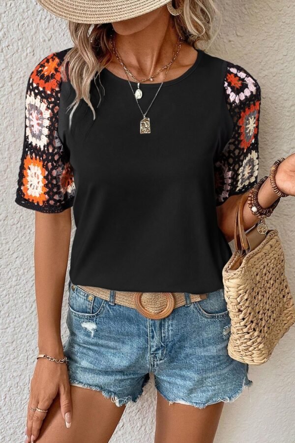 SYNZ Geometric Round Neck Short Sleeve Blouse - Image 10