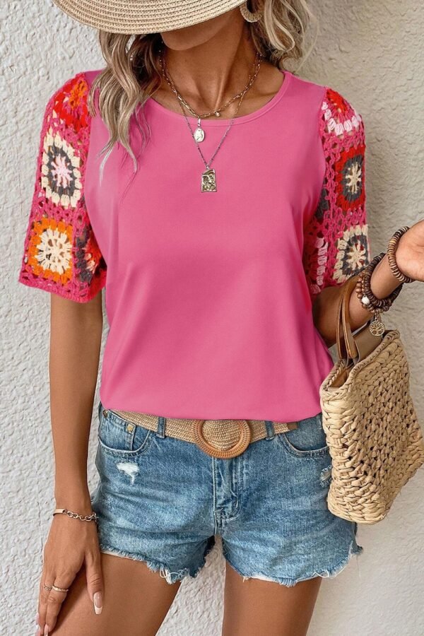 SYNZ Geometric Round Neck Short Sleeve Blouse - Image 6