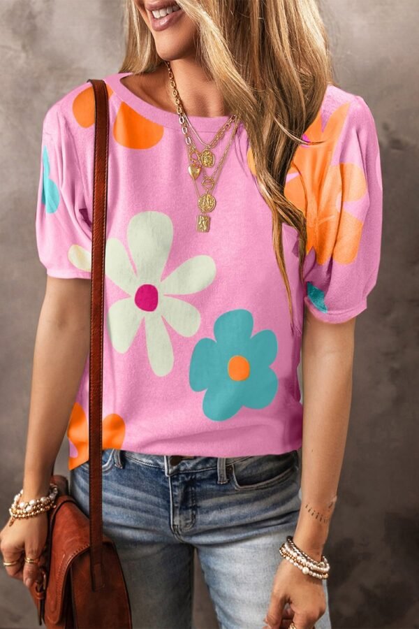 SYNZ Flower Round Neck Short Sleeve Blouse - Image 2