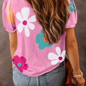 SYNZ Flower Round Neck Short Sleeve Blouse