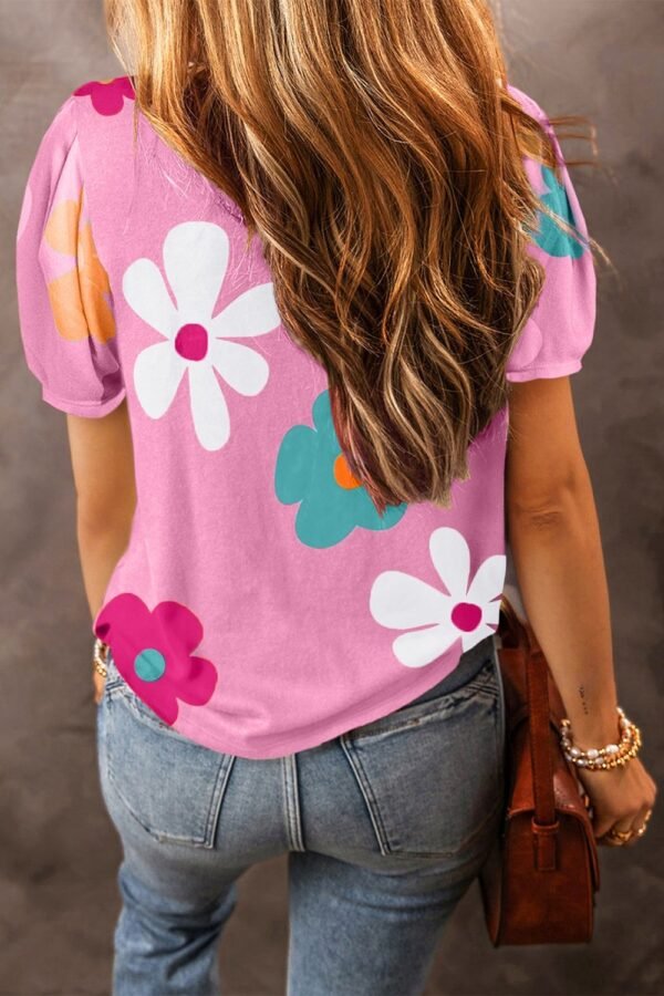 SYNZ Flower Round Neck Short Sleeve Blouse