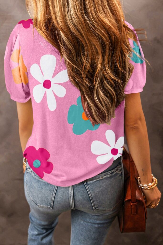 SYNZ Flower Round Neck Short Sleeve Blouse