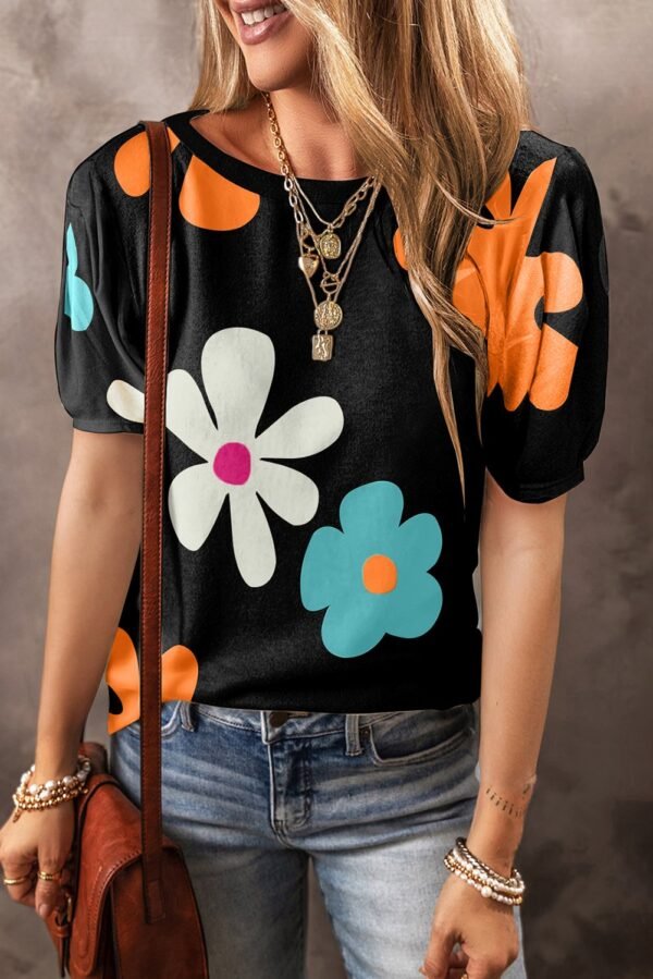 SYNZ Flower Round Neck Short Sleeve Blouse - Image 6