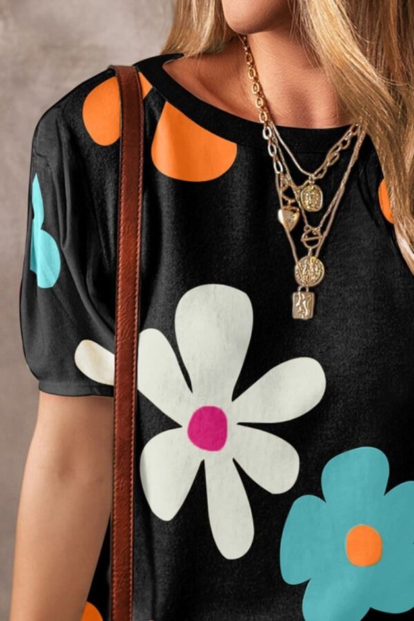 SYNZ Flower Round Neck Short Sleeve Blouse - Image 5