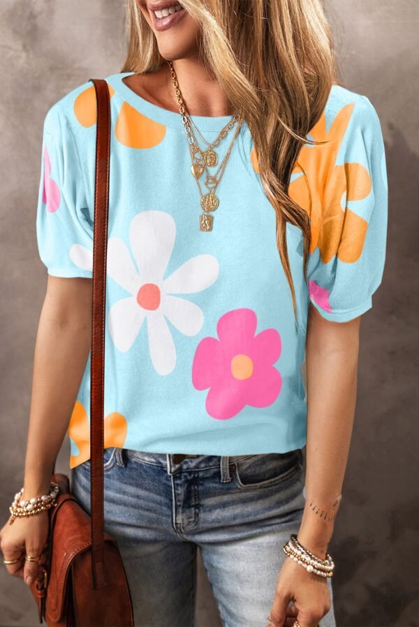SYNZ Flower Round Neck Short Sleeve Blouse - Image 8
