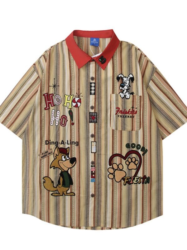 ApexGear Men's Cartoon Character Striped Shirt with Contrast Collar