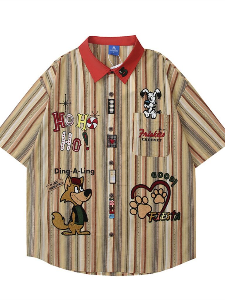 ApexGear Men's Cartoon Character Striped Shirt with Contrast Collar