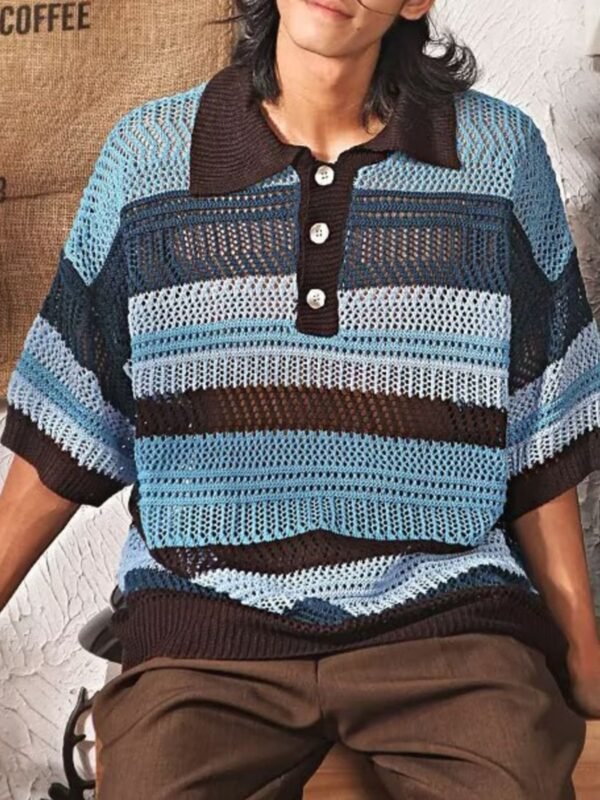 Full Size Vintage Striped Short Sleeve Knit Polo Plus Size - Image 5