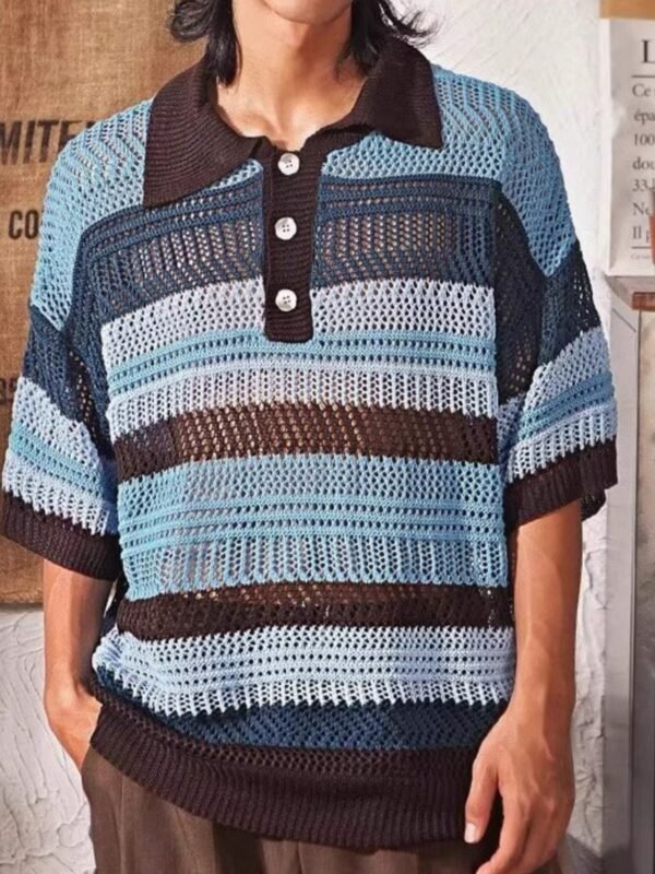 Full Size Vintage Striped Short Sleeve Knit Polo Plus Size - Image 4