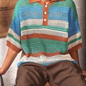 Full Size Vintage Striped Short Sleeve Knit Polo Plus Size