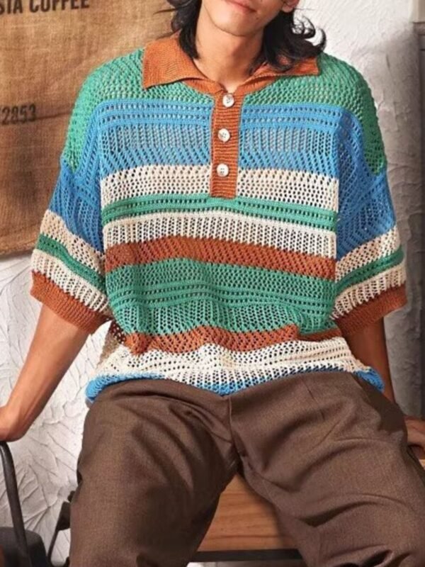 Full Size Vintage Striped Short Sleeve Knit Polo Plus Size