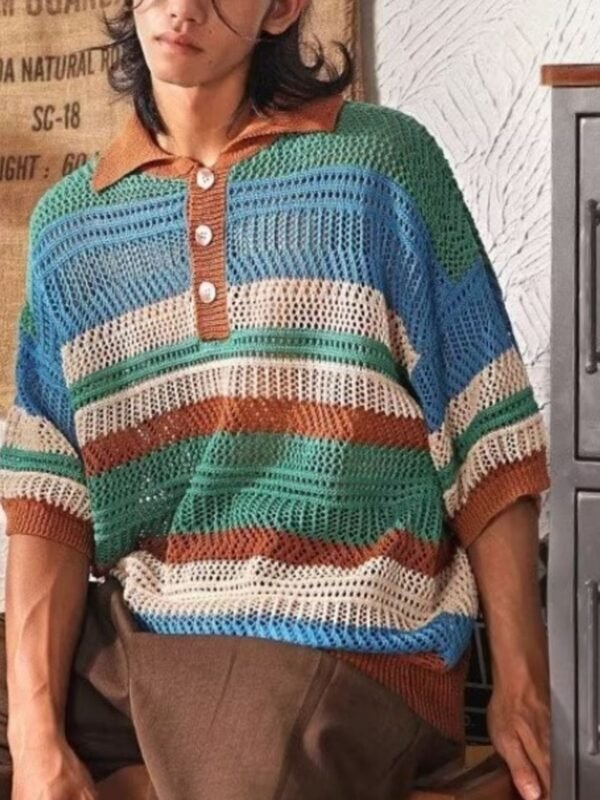 Full Size Vintage Striped Short Sleeve Knit Polo Plus Size - Image 2