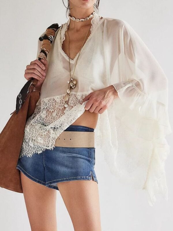 Sara Rue Lace V-Neck Ruffle Long Sleeve Cover-Up