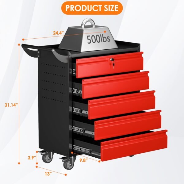 Metal Rolling Tool Box With 5 Drawers And Lock Tool Storage Cabinet With Lockable Wheels For Garage Warehouse Assembly Required Black Red - Image 6