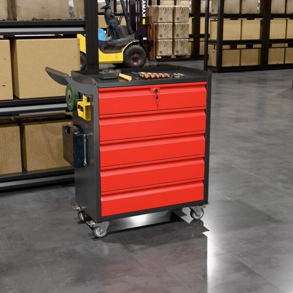 Metal Rolling Tool Box With 5 Drawers And Lock Tool Storage Cabinet With Lockable Wheels For Garage Warehouse Assembly Required Black Red - Image 2