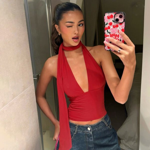 Women's Scarf Lace-up Low-cut Back Cutout Sling Top - Image 6