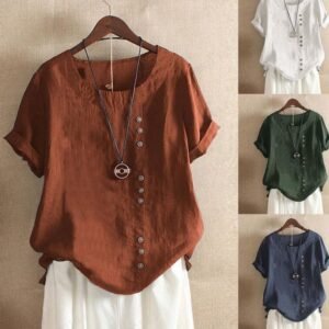 Retro Plus Size Casual Loose Cotton And Linen Short-sleeved Pullover T-shirt