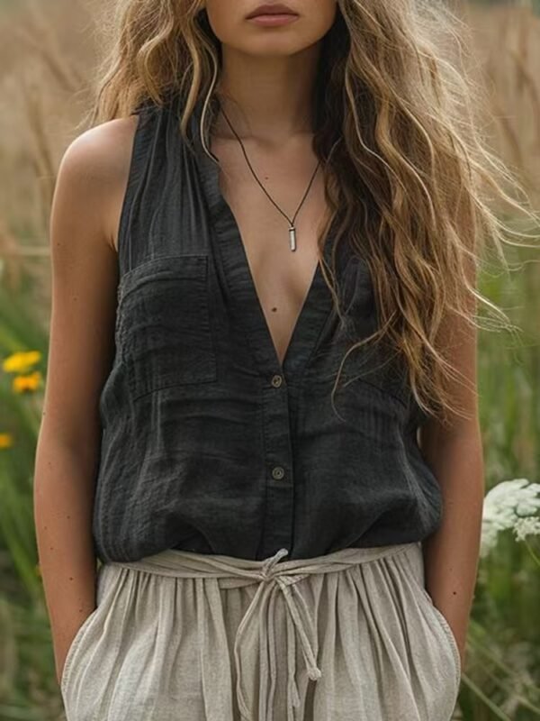 Women's Casual Loose Sleeveless Cotton Linen V-neck Pocket Vest Shirt - Image 8