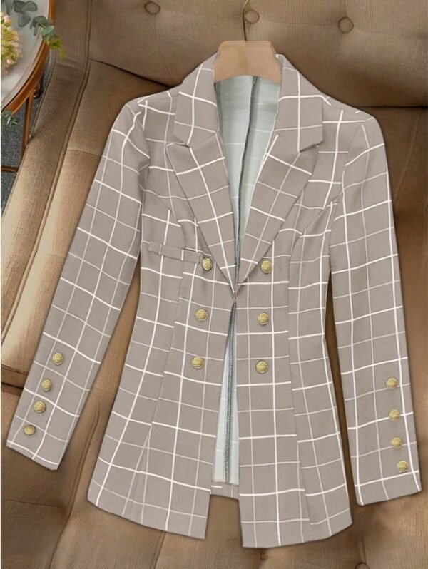 Women's Button Front Lapel Long Sleeve Plaid Casual Blazer - Image 5