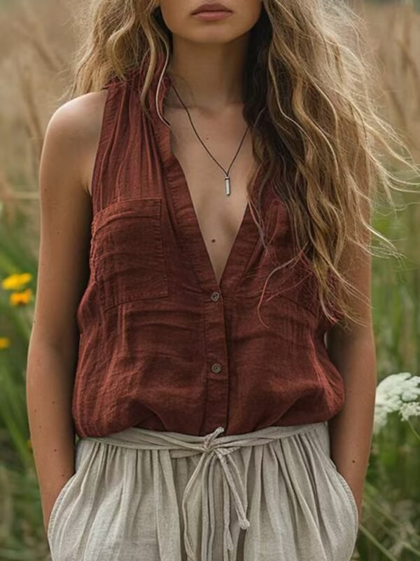 Women's Casual Loose Sleeveless Cotton Linen V-neck Pocket Vest Shirt - Image 5