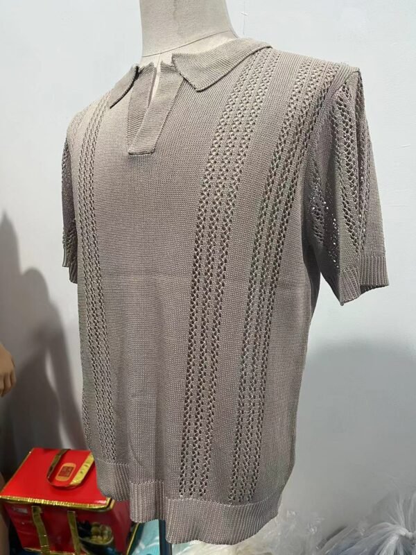European And American Fashion Men's Knitted Polo Shirt Short Sleeve V-neck Hollow - Image 2