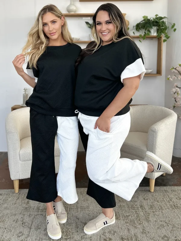 Double Take Full Size Texture Contrast T-Shirt and Wide Leg Pants Set - Image 3