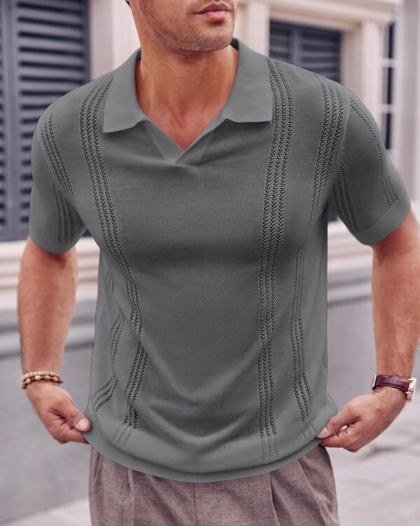 European And American Fashion Men's Knitted Polo Shirt Short Sleeve V-neck Hollow - Image 7